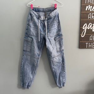 High-waisted denim jogger pants